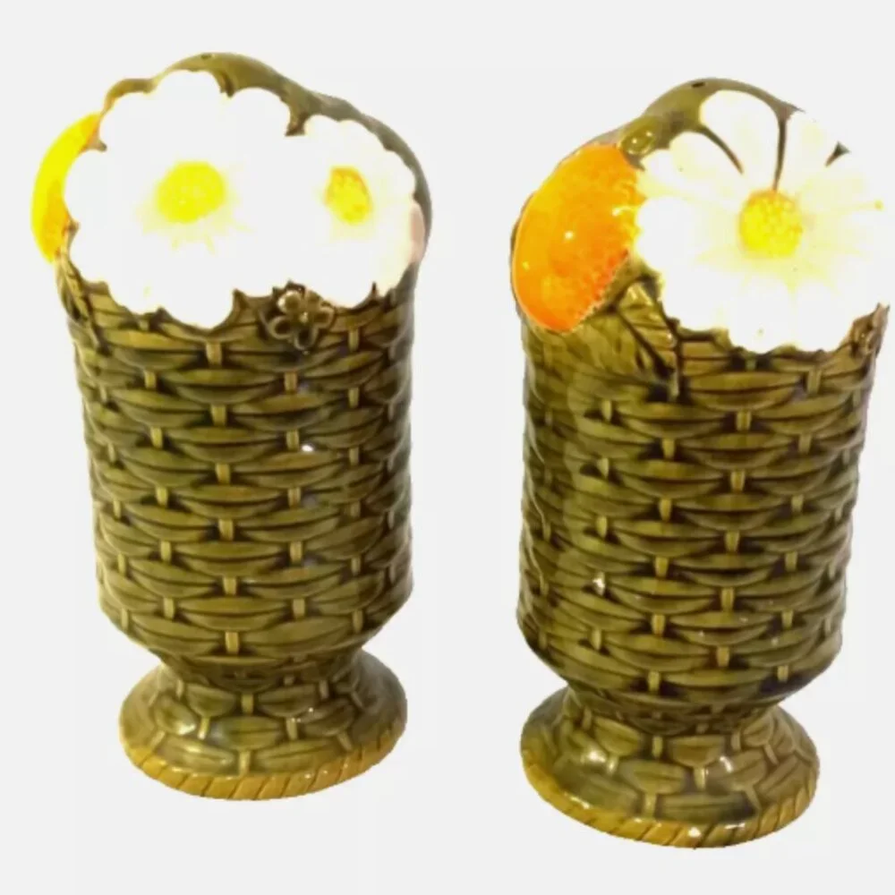 Antique Salt+Pepper Ceramic Shakers Basket Weave w/Flowers Hand Painted Tall